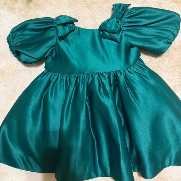 Janie and Jack Little Girl's & Girl's The Holiday Bow-Detail Satin Dress - Green - Size 12 Months